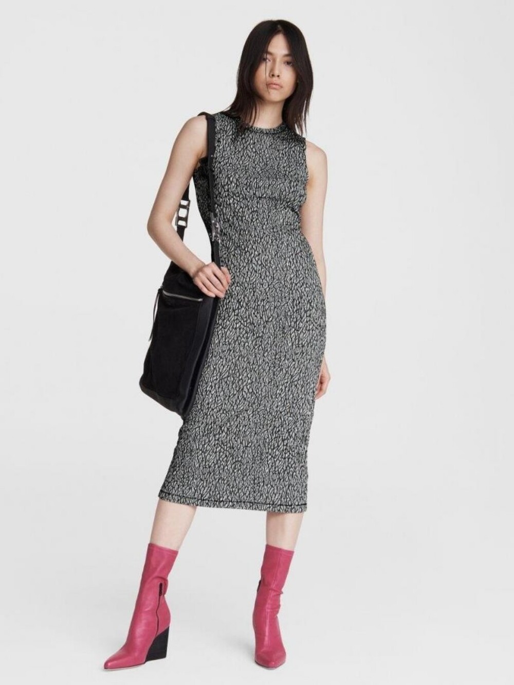 rag & bone Gigi Cotton Sleeveless Fitted Muscle Midi Dress Black White Size M